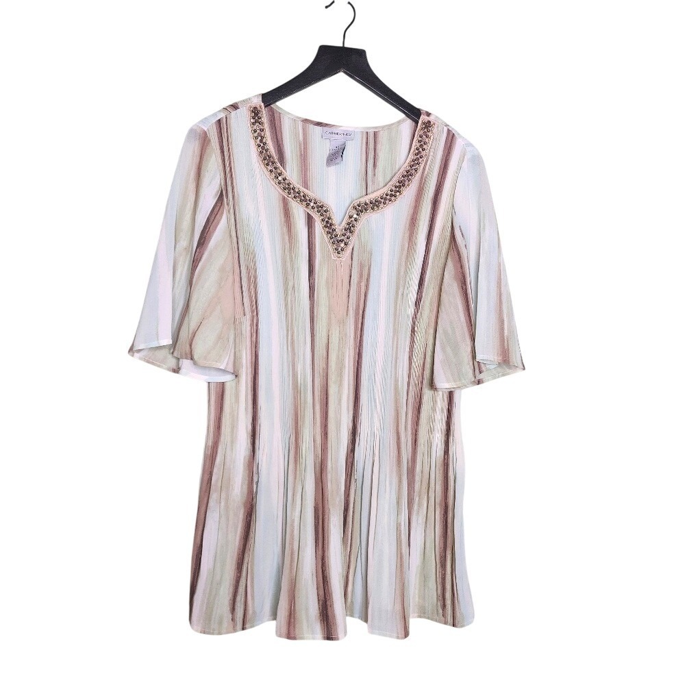 Catherines Blouse Brown Green Stripes Short Flutter Sleeve Crinkle Flowy 14/16W